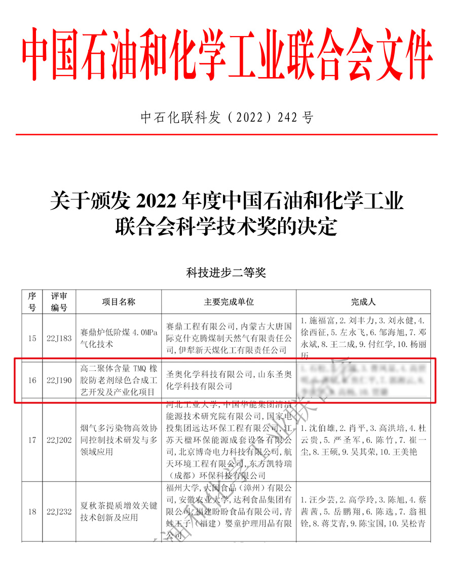 圣奥化学高二聚体含量TMQ项目荣获2022年度石化联合会科技进步二等奖