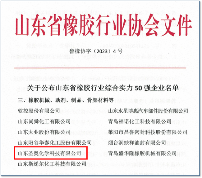 山东圣奥入选山东省橡胶行业综合实力50强