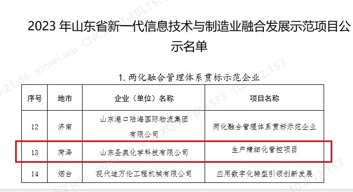 山东圣奥获评山东省两化融合管理体系贯标示范企业